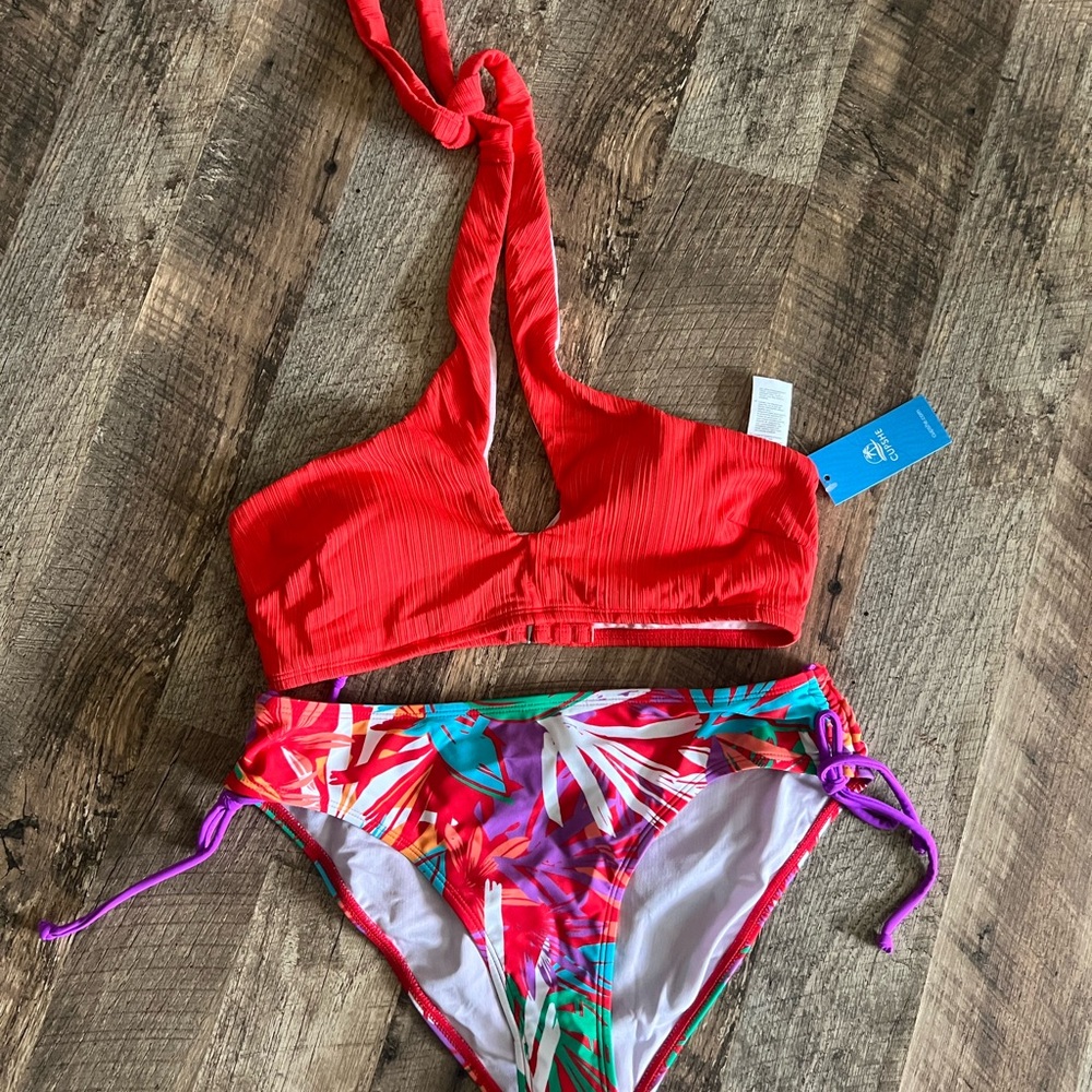 Red Halter Bikini Top with Tropical Print Bottoms